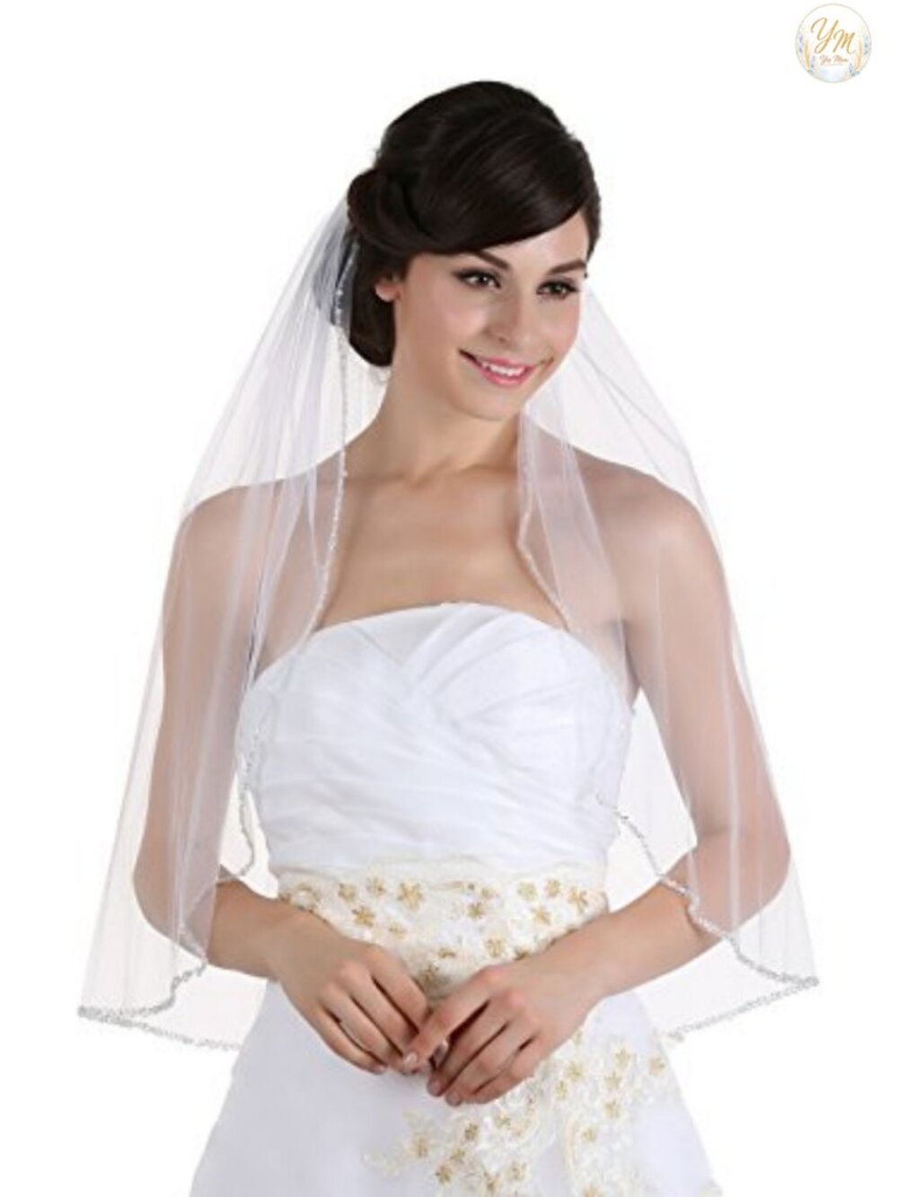 1 Tier Crystal Pearl Beaded Wedding Veil Elbow Length Bridal